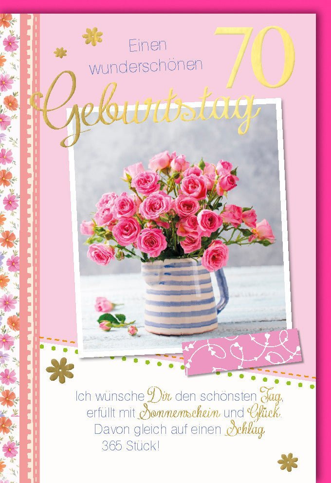 70. Geburtstagskarte: Elegante Glückwünsche mit Rosa Blumen & Festlichem Schriftzug, Folienprägung & Kuvert