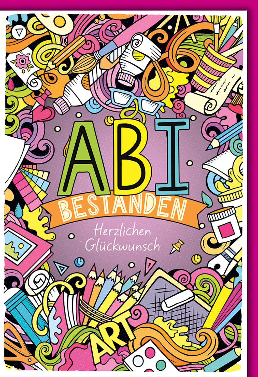 Abiturkarte – Bunte, kreative Glückwünsche mit verspieltem Kunstmotiv für erfolgreiche Absolventen