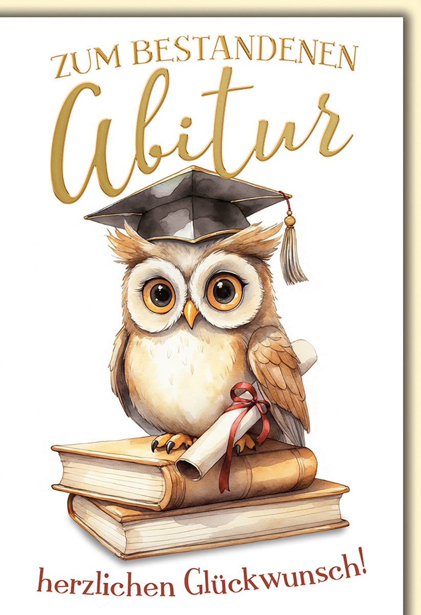 Abiturkarte Eule mit Doktorhut auf Büchern – Verspieltes Design für erfolgreiche Absolventen