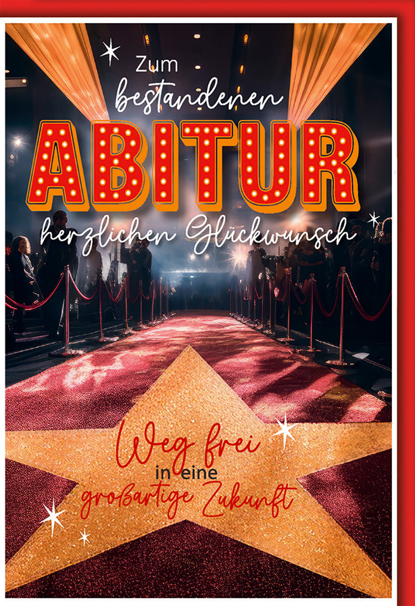 Abiturkarte: Glamouröser roter Teppich mit leuchtendem Sternmotiv – Perfekt für Abiturienten!