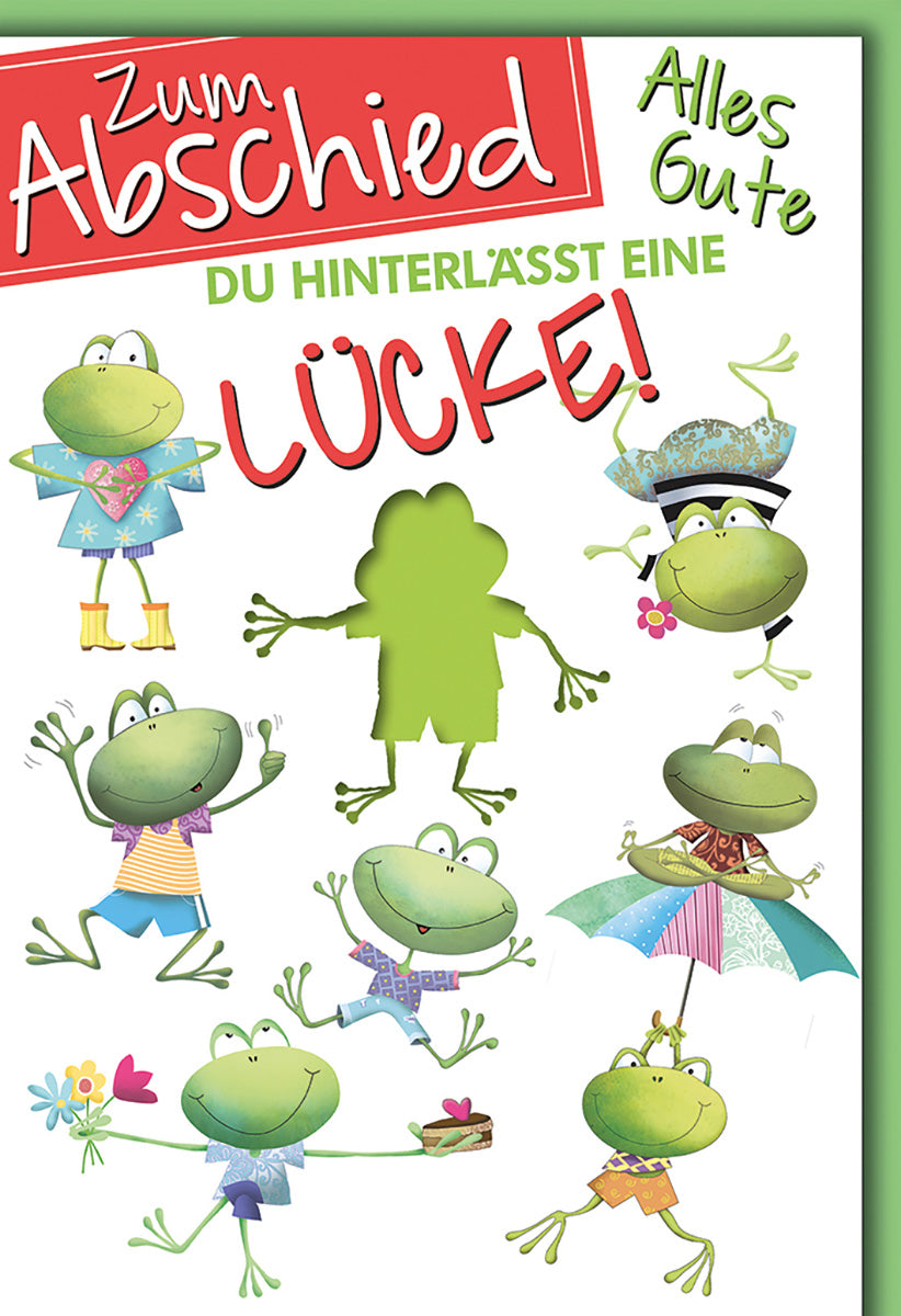 Abschiedskarte für Kollegen – Lustige Frösche, bunte Illustrationen, humorvoller Text, grün-weißes Design
