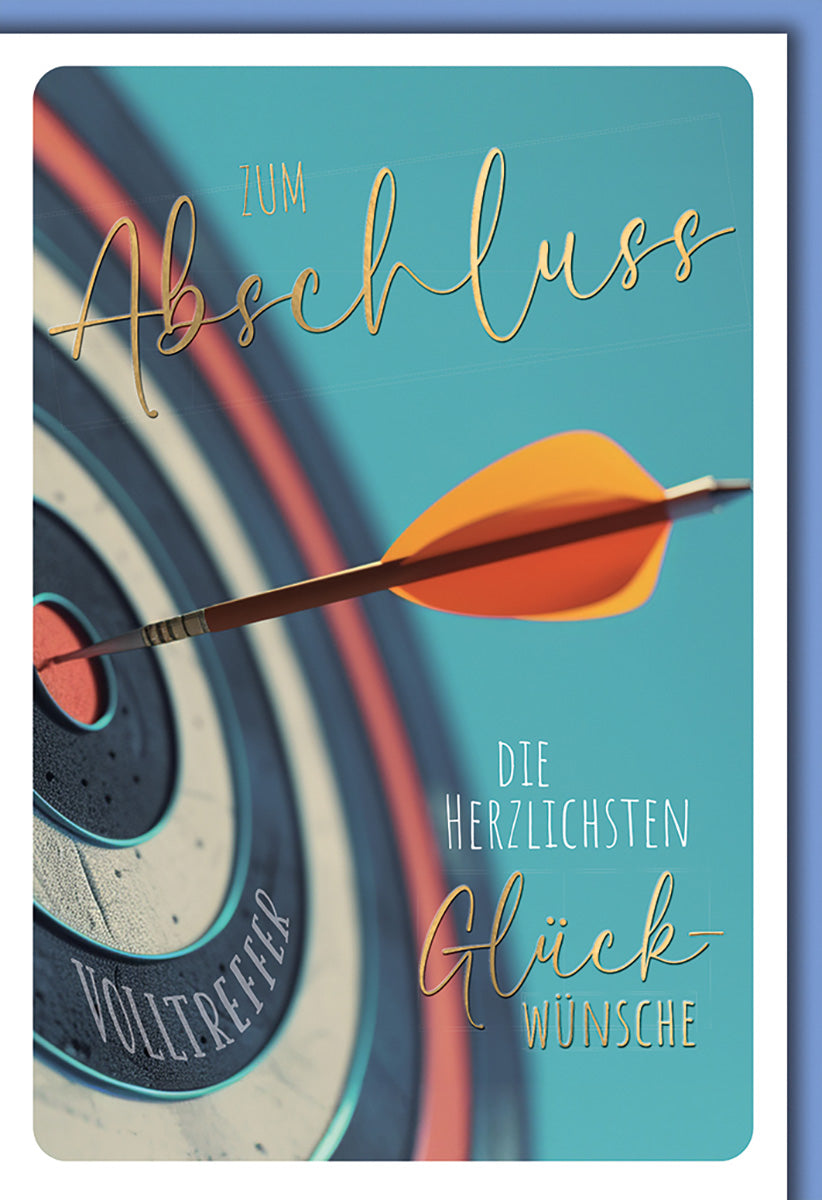 Abschiedskarte für Kollegen – Stilvolles Zielscheiben-Motiv mit Pfeil, in Blau und Orange gehalten
