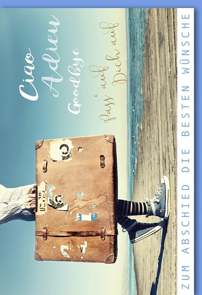 Abschiedskarte – Herzliche Wünsche für neue Wege, mit Strand- und Koffermotiv. Inkl. farblich passendem Kuvert, für Reisende