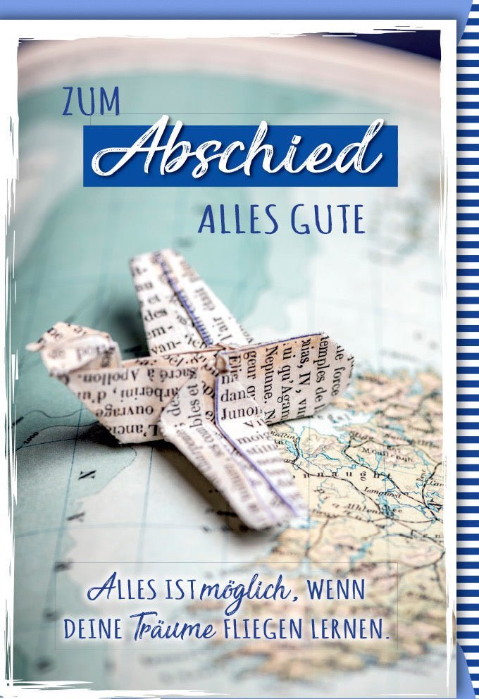 Abschiedskarte Horizonte entdecken – Weltkarte & Papierflieger Design, mit inspirierendem Spruch & passendem Kuvert