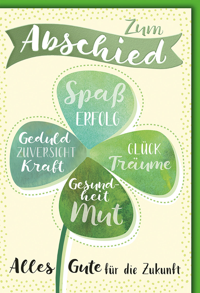 Abschiedskarte Kleeblatt-Design: Wünsche für Erfolg, Glück & Gesundheit in sanften Grüntönen