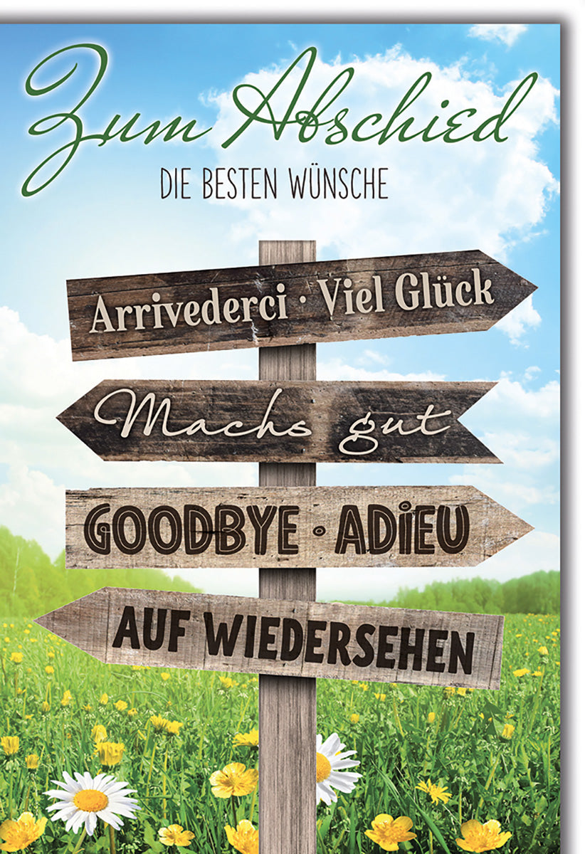 Abschiedskarte: Rustikaler Wegweiser mit internationalen Abschiedsgrüßen, blühende Wiese im Hintergrund