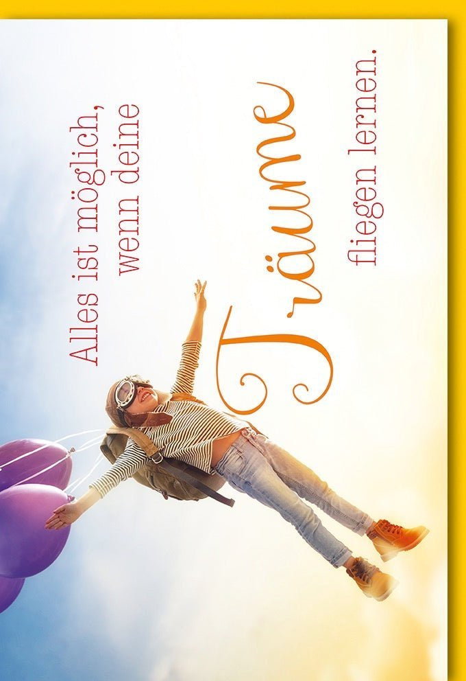 Grußkarte: Träume & Abenteuer mit bunten Ballons & Sonnenuntergang – Moderne Ermutigungskarte mit Kuvert