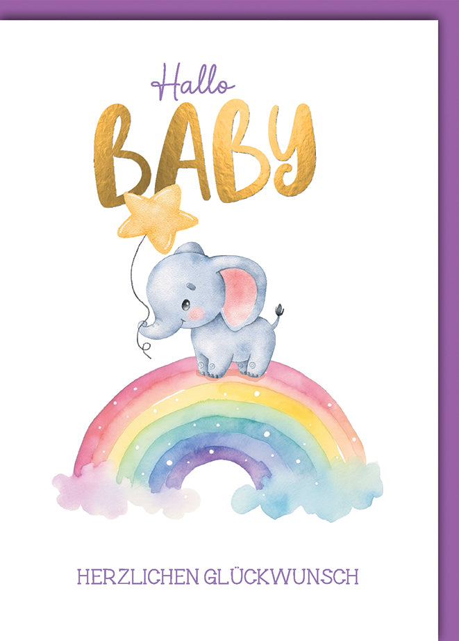 Babykarte Geburt: Aquarell-Elefant auf Regenbogen mit Stern-Ballon, pastell-elegant