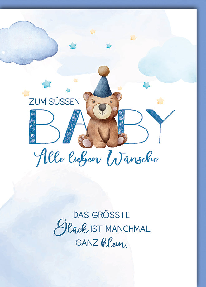 Babykarte Geburt: Aquarell-Teddy mit blauer Zipfelmütze und Glück-Spruch