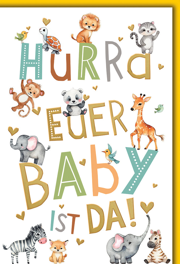Babykarte Geburt: Bunte Tierbabys mit "Hurra euer Baby ist da!" in fröhlicher Typografie