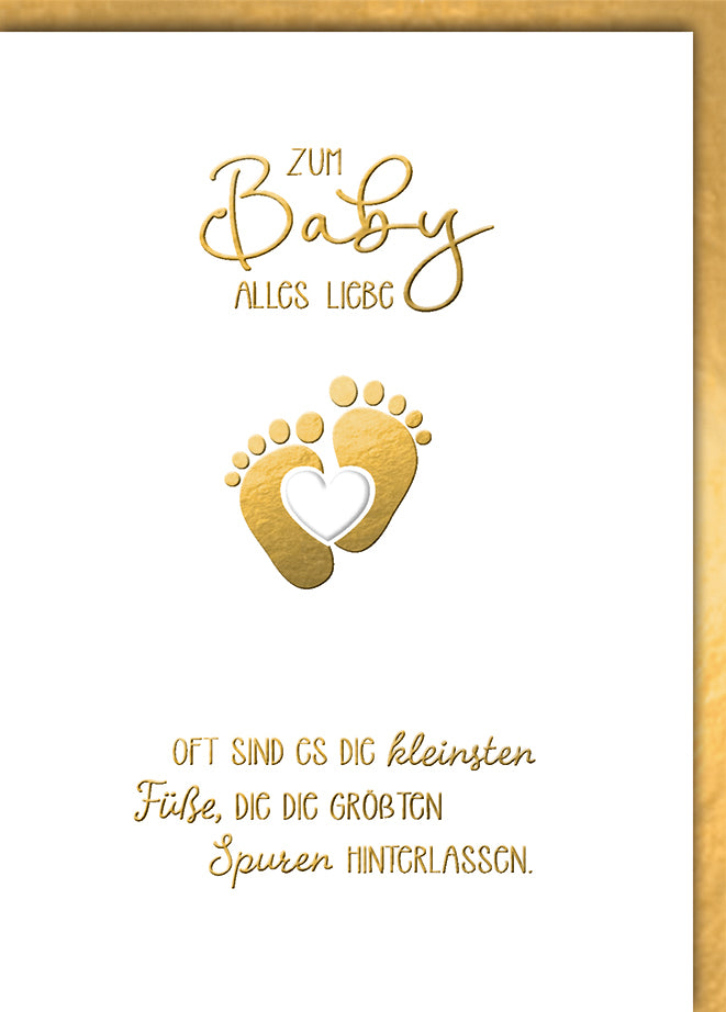 Babykarte Geburt: Goldene Babyfüße mit Herz und emotionalem Spruch, elegant