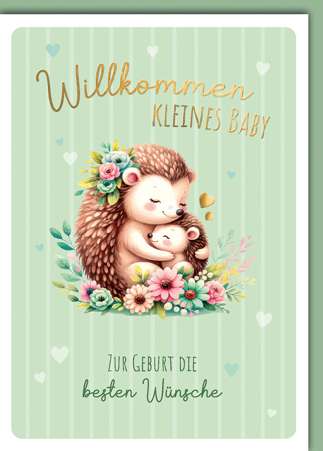 Babykarte Geburt: Igelmama mit Baby in Aquarell-Stil, Blumen-Dekoration mint-grün