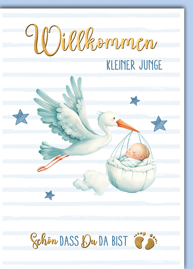 Babykarte Geburt Junge: Aquarell-Storch trägt Baby in türkis-weißen Tönen