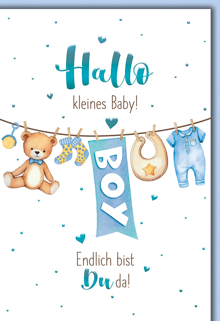 Babykarte Geburt Junge: Aquarell-Wäscheleine mit Teddy und BOY-Banner in Blau