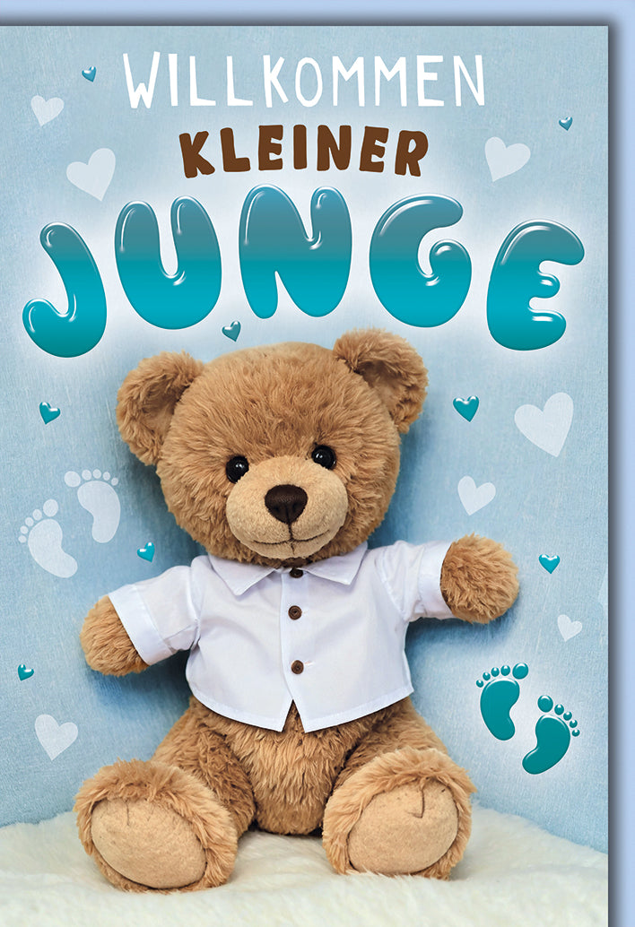 Babykarte Geburt Junge: Kuscheliger Teddybär in Weiß auf hellblauem Hintergrund