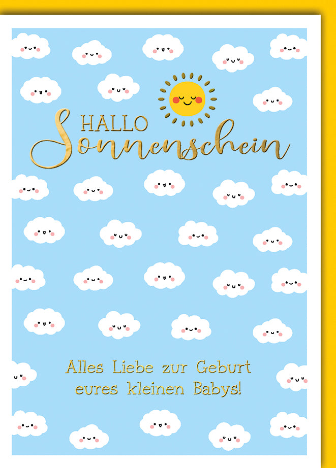 Babykarte Geburt: Kawaii-Wolken mit Sonne "Hallo Sonnenschein", elegante Goldschrift
