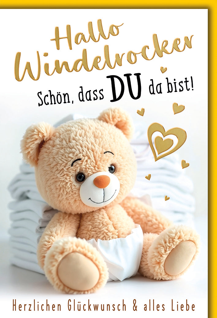 Babykarte Geburt: Kuscheliger Teddy mit Windel in warmen Beigetönen, goldene Herzen