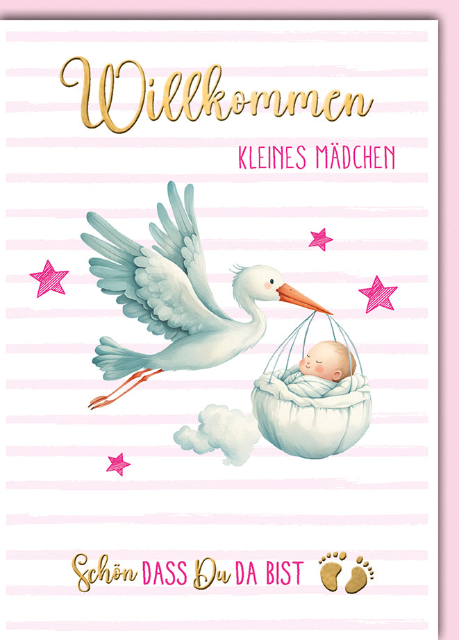 Babykarte Geburt Mädchen: Aquarell-Storch trägt Baby in rosa Streifen-Design