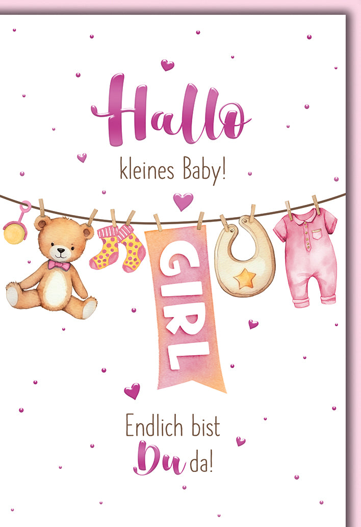 Babykarte Geburt Mädchen: Aquarell-Wäscheleine in Rosa mit Teddy und Herzen