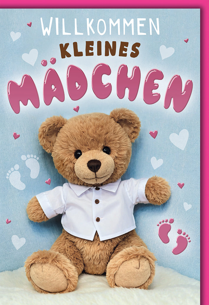 Babykarte Geburt Mädchen: Teddybär in weißem Hemd mit rosa Herzen und Füßchen