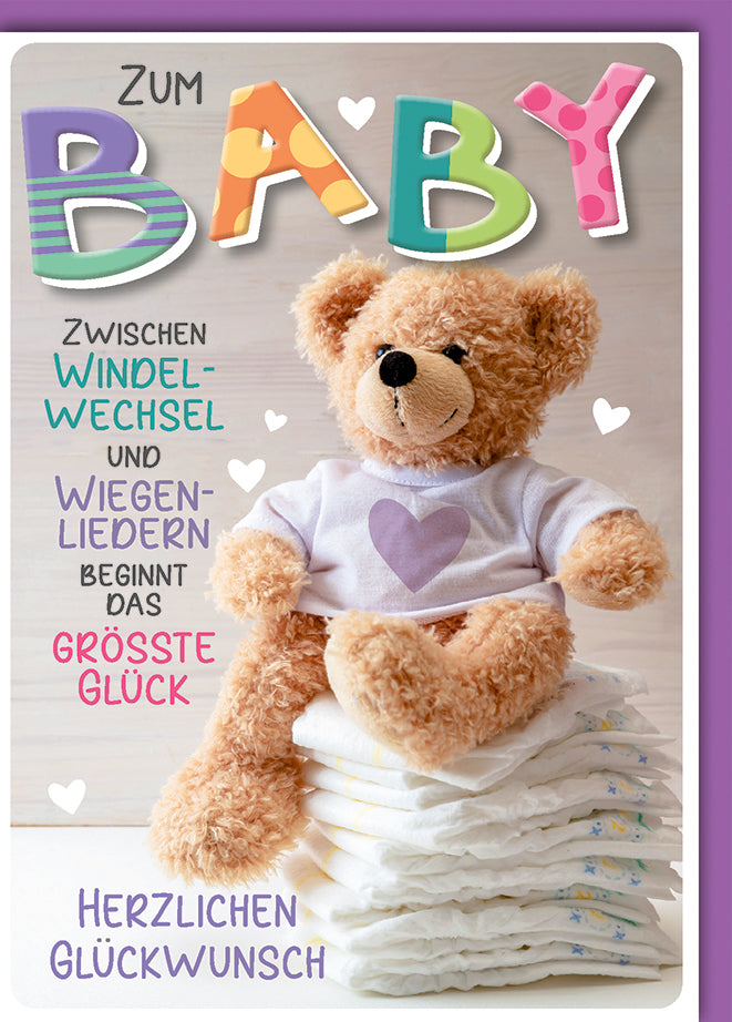 Babykarte Geburt: Teddy mit Herz-Shirt auf Windelstapel, eleganter Spruch-Text