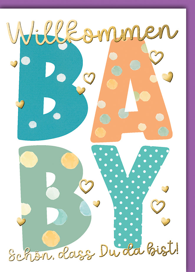 Babykarte Geburt: Willkommen BABY in bunten Polka-Dot Buchstaben, modern
