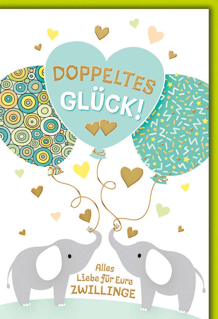 Babykarte Zwillinge: Zwei Elefanten mit bunten Luftballons, elegante Herz-Deko