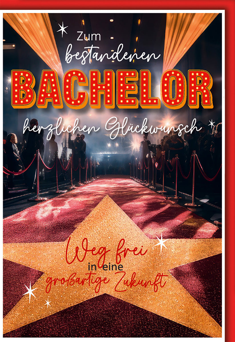 Bachelor-Karte: Glamouröser roter Teppich mit funkelndem Stern und Lichterglanz für Absolventen