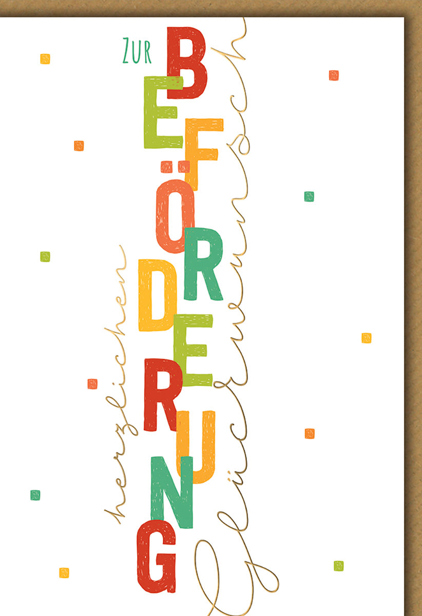 Beförderungskarte im bunten Retro-Stil mit verspieltem Schriftzug und Glückwünschen für Kollegen