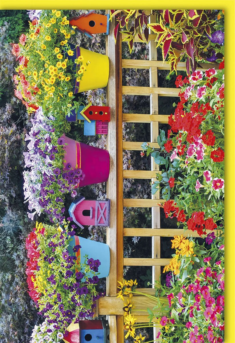 Blanko Grußkarte mit bunten Blumen, Vogelhäusern & Holzzaun – Farbenfrohes Garten-Design für alle Anlässe, inkl. Kuvert