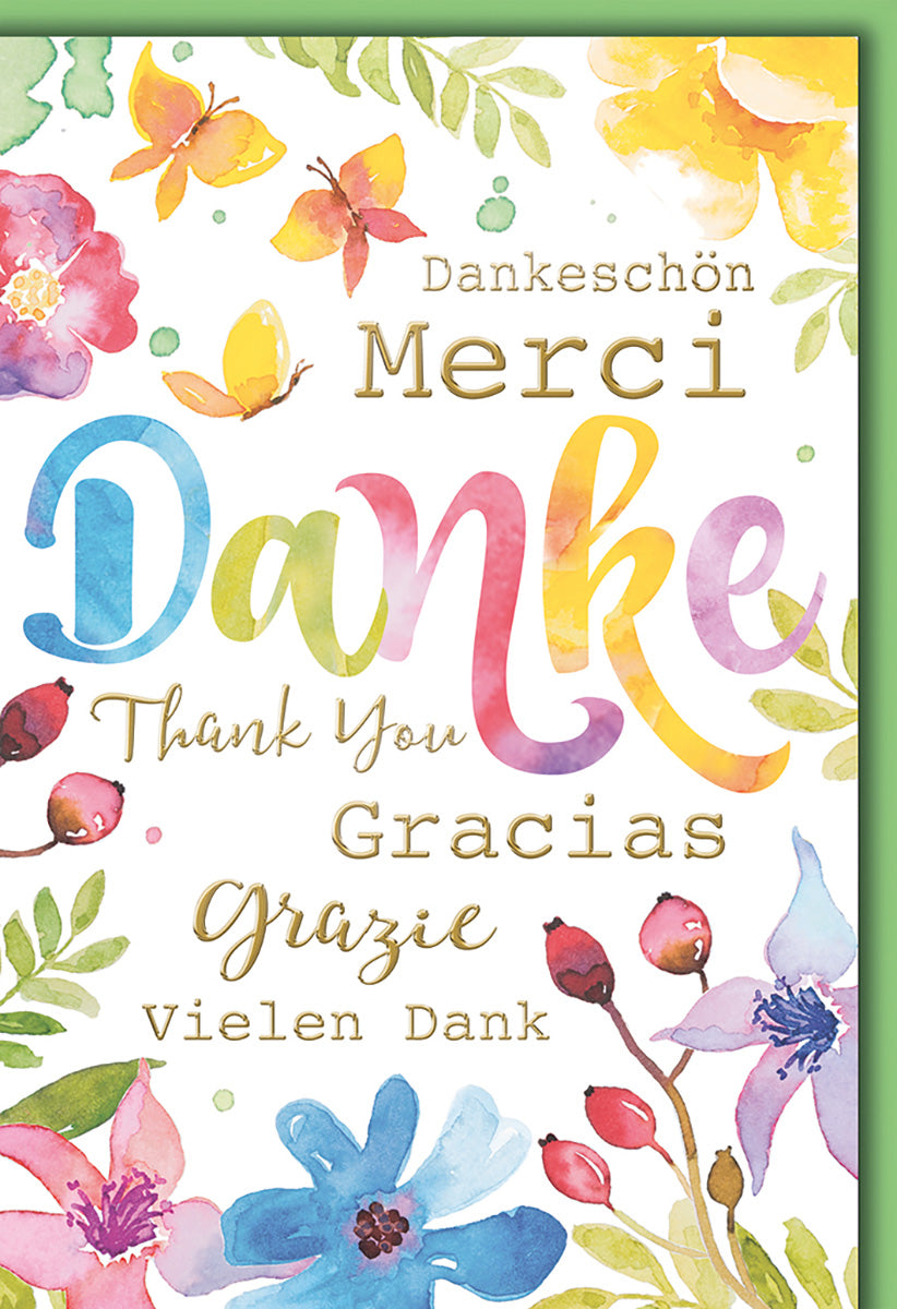 Dankeskarte Aquarell-Stil: Bunte Blumen & Schmetterlinge, Mehrsprachiger Dank für Freunde & Familie