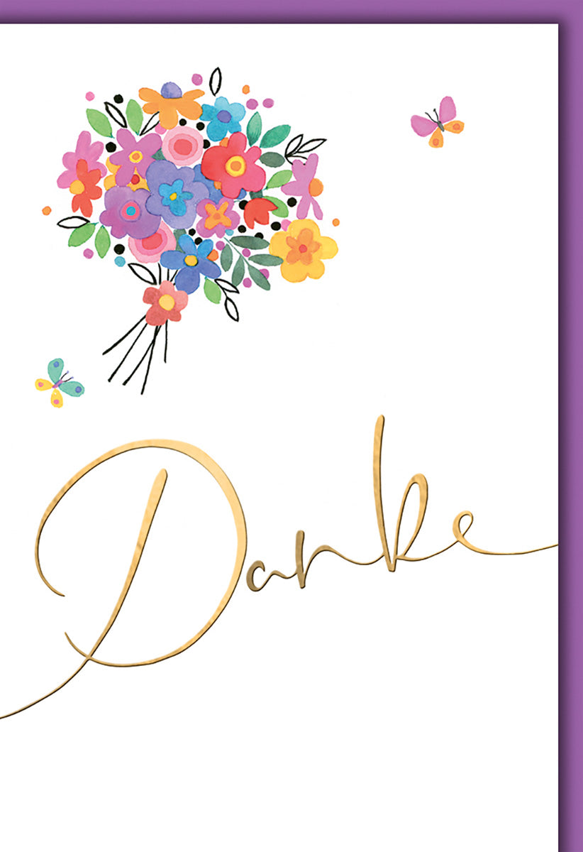 Dankeskarte Blumenstrauß Aquarell-Stil, bunte Schmetterlinge, eleganter Goldschriftzug für besondere Anlässe