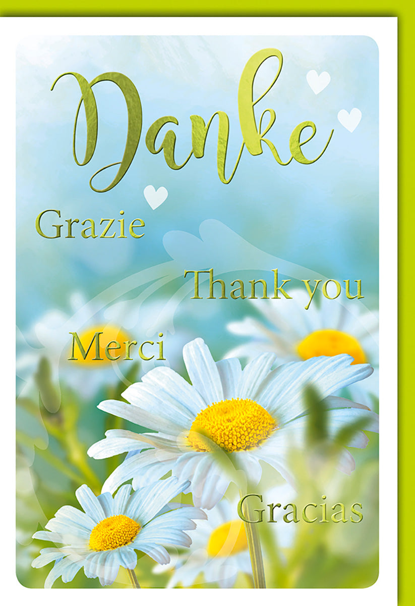 Dankeskarte: Blumige Wiesenmotive in Pastellfarben mit internationalem "Danke" in verschiedenen Sprachen