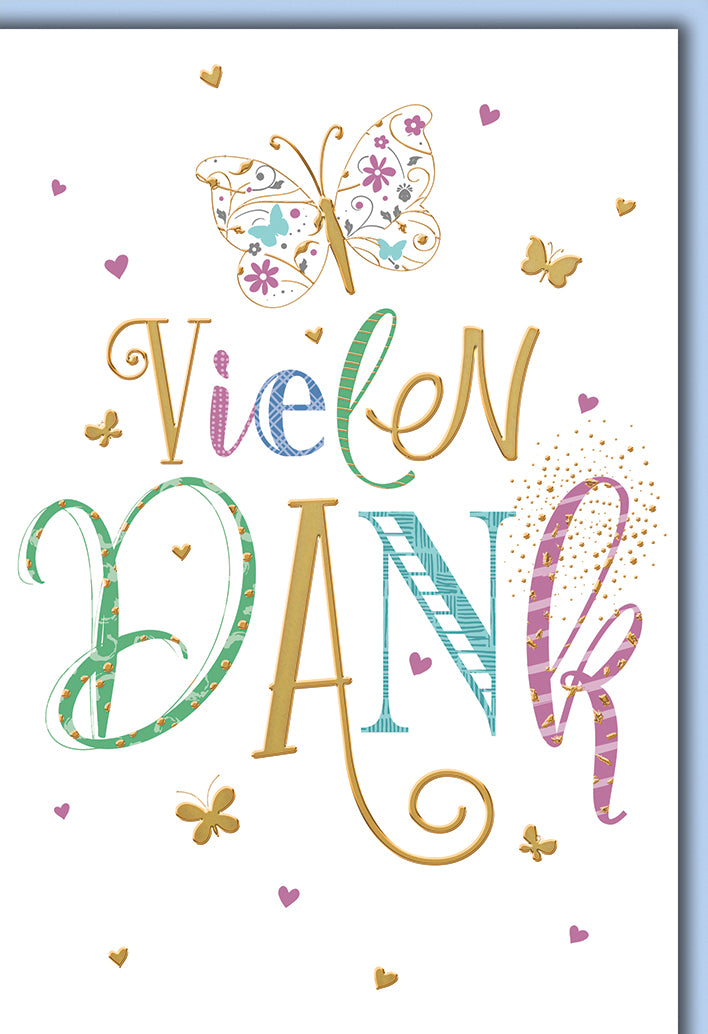 Dankeskarte Elegant: Romantischer Schmetterling mit "Vielen Dank" in bunter Typografie