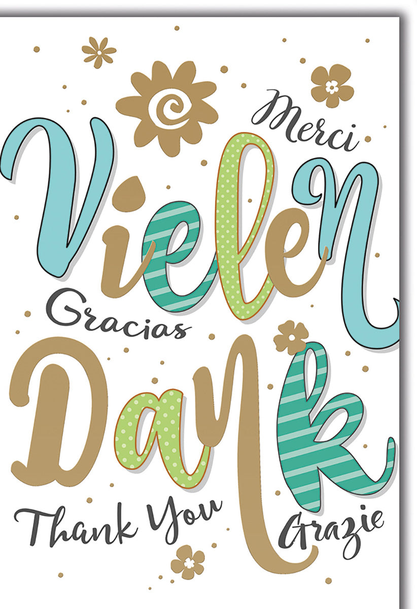 Dankeskarte im modernen Design mit bunten Schriftzügen und Blumenmotiv – Mehrsprachiger Dank in Pastell.
