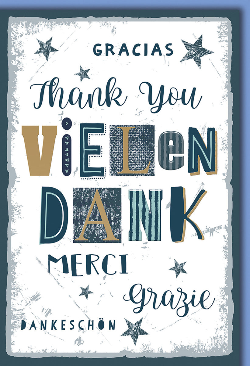 Dankeskarte im Vintage-Stil mit internationalem "Danke"-Motiv in Blau und Gold für Vielsprachige