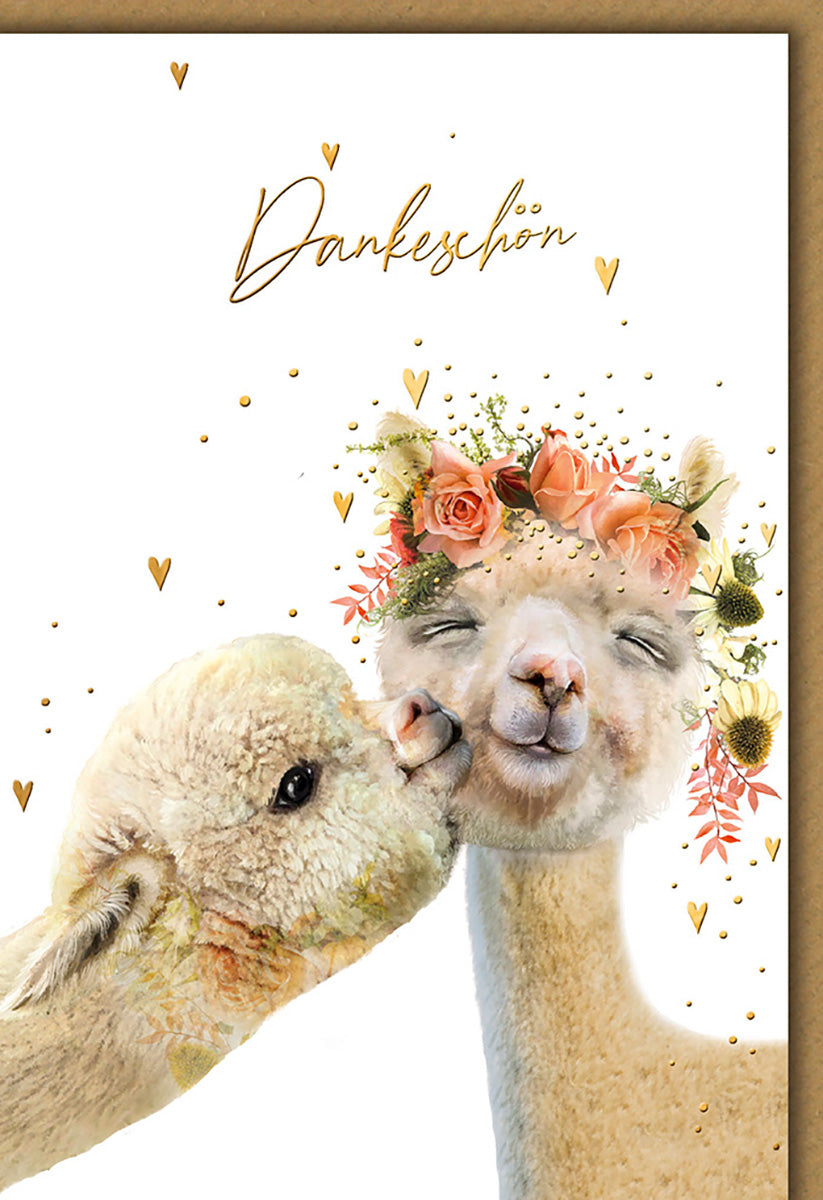 Dankeskarte mit Alpaka-Motiv, Blumenkranz und Goldakzenten – Humorvoller Tiergruß für Freunde