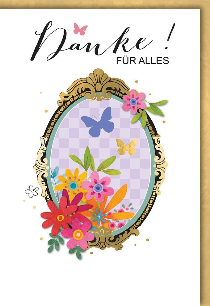 Dankeskarte Elegant: Blumen & Schmetterlinge im Goldrahmen, Handlettering Design, mit Folienprägung und Kuvert
