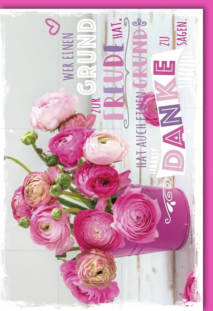 Dankeskarte – Floral & Elegant, Rosa Ranunkeln & Schmetterlings-Design mit Handlettering-Stil, inklusive Kuvert