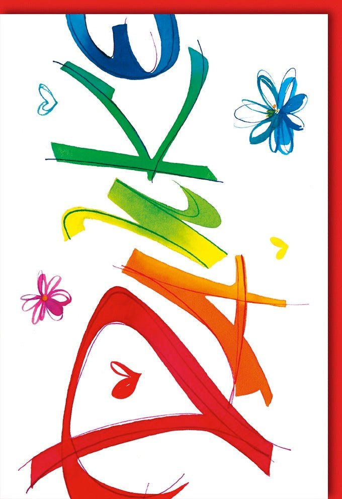 Dankeskarte mit Herzen & Blumen | Modernes, farbenfrohes Design in Rot, Grün, Blau auf Naturkarton mit Kuvert