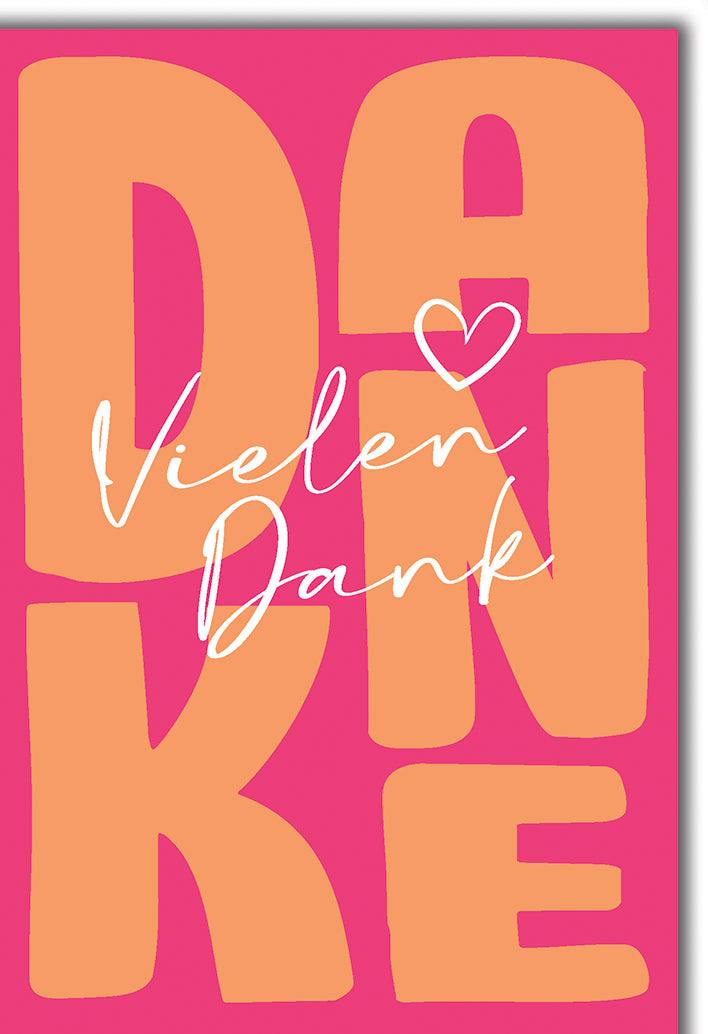Dankeskarte Modern: DANKE in großer Orange-Typografie auf Pink mit romantischem Schriftzug