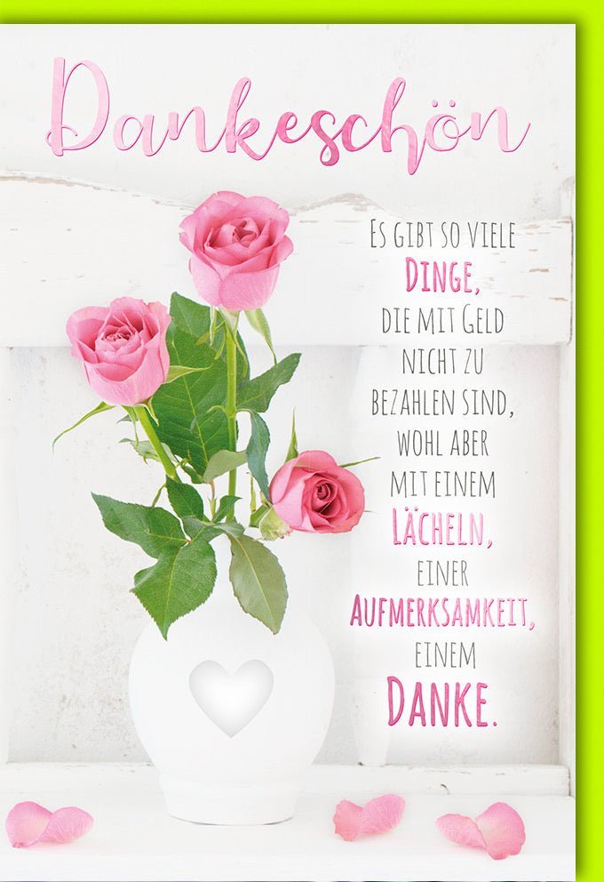 Dankeskarte – Elegantes Blumen & Vasenmotiv in Rosa/Weiß mit Herz auf Holzoptik für herzliche Wertschätzung inkl. Kuvert