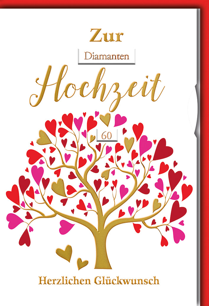Diamantene Hochzeit Glückwunschkarte: Herzbaum mit Drehrad-Zahl 60 in Gold-Rosa