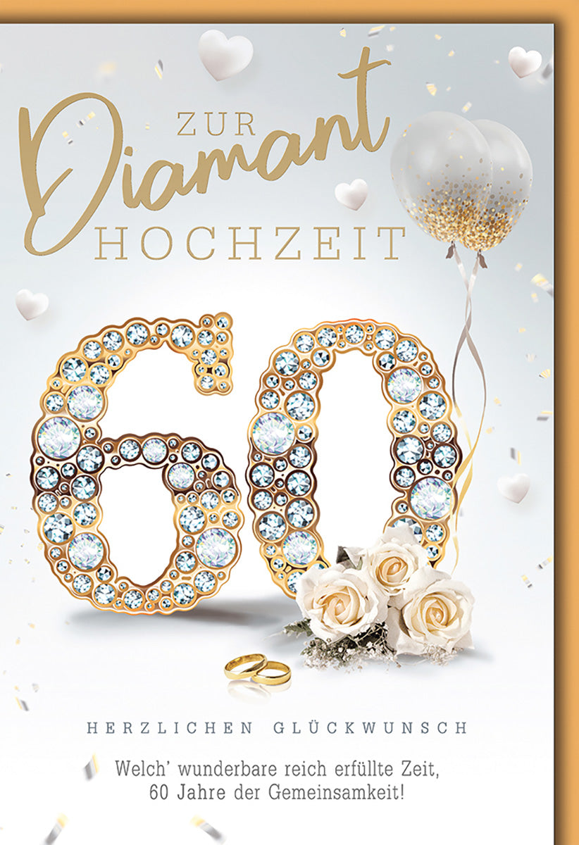 Diamanthochzeitskarte: Elegante 60 mit Rosen und Ballons, Glitzer-Design für den besonderen Anlass