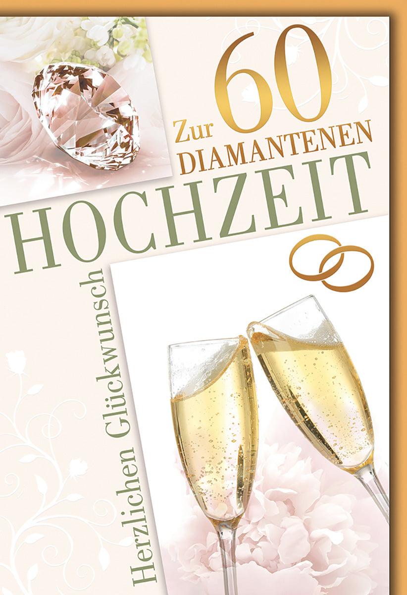 Diamanthochzeitskarte: Elegante Champagnergläser & Diamantmotiv in Gold und Pastell für Jubilare