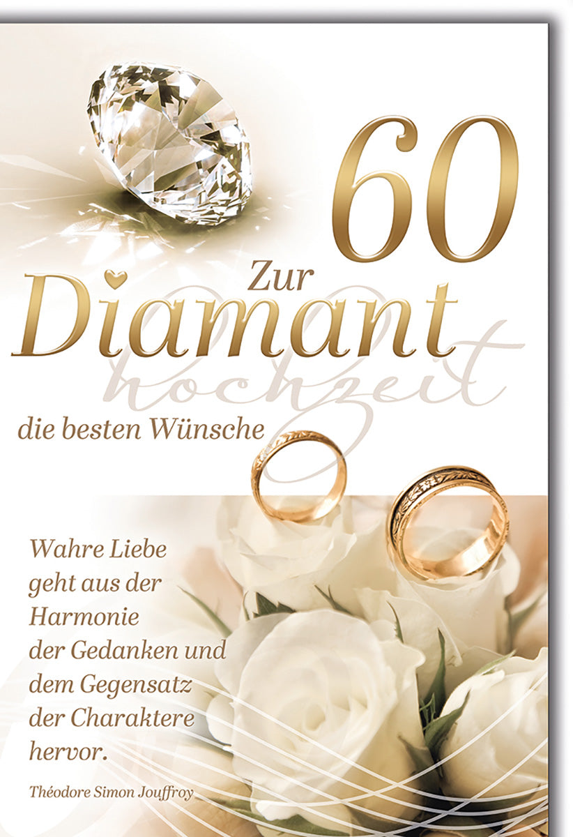 Diamanthochzeitskarte: Elegantes Design mit Rosen, Ringen und Diamantmotiv in Gold und Weiß.