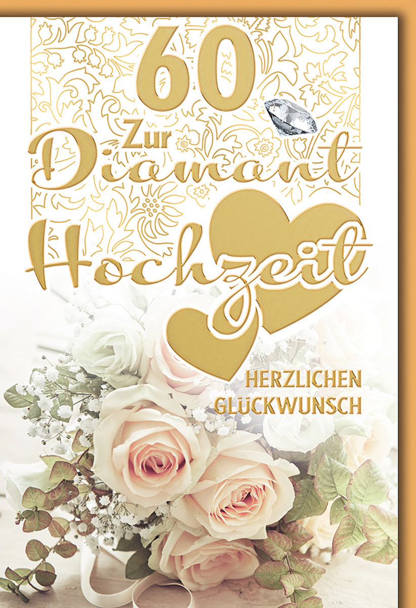 Diamanthochzeitskarte: Elegantes Design mit Rosen und Goldakzenten für den besonderen Anlass