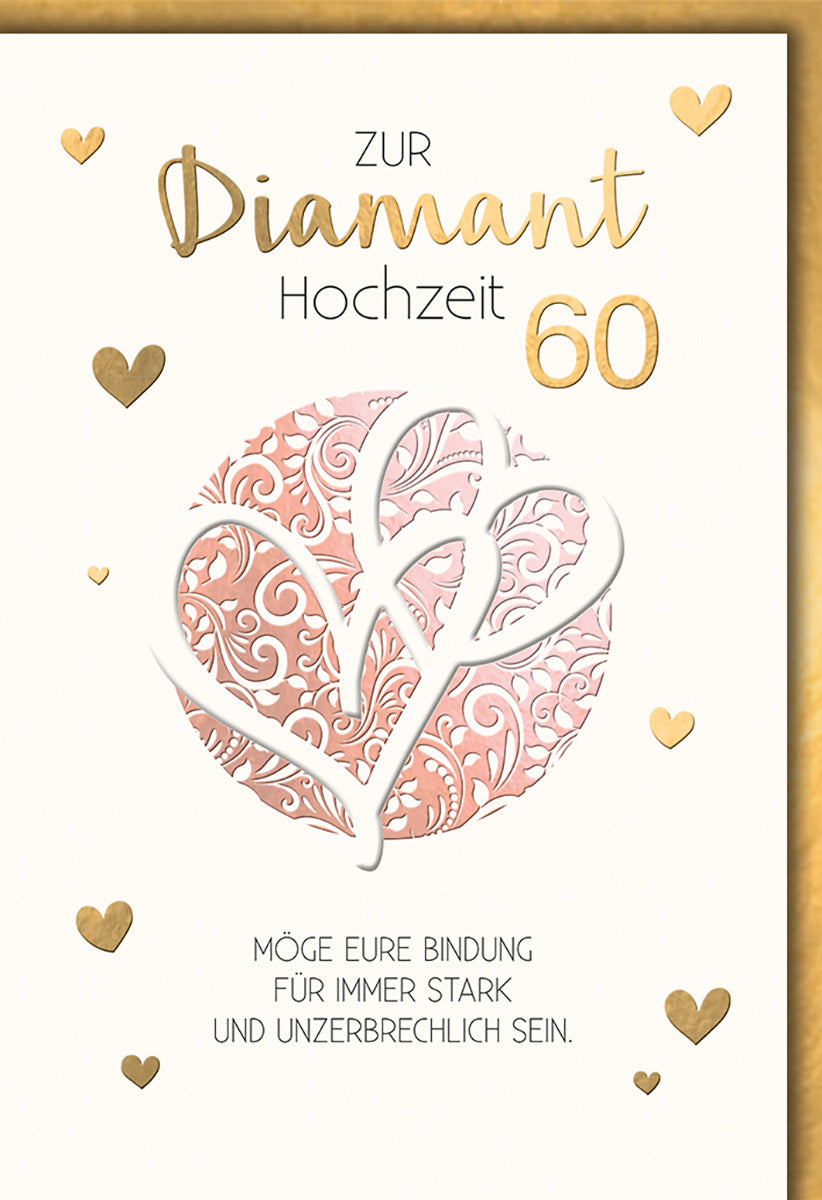 Diamanthochzeitskarte – Elegantes Herzmotiv mit Goldakzenten für die 60-jährige Ehefeier
