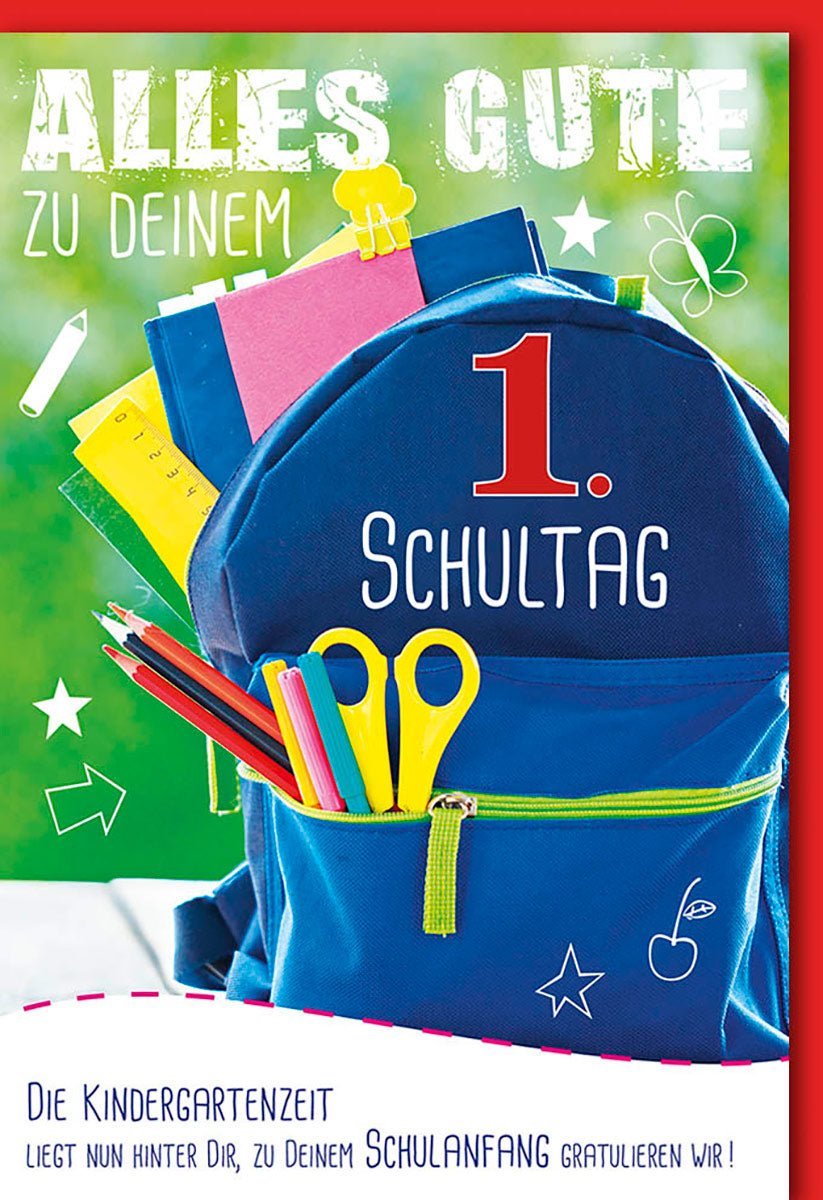 Einschulungskarte: Rucksack, Stifte, Lineal & Kuvert | Erster Schultag, Kindergartenzeit | Bunte Glückwünsche