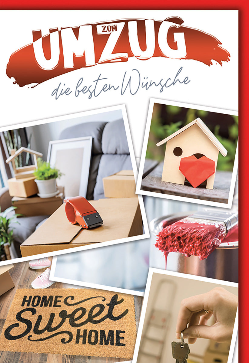 Einzugskarte – Kreatives Collage-Design mit Hausmotiv und Rotakzenten für den neuen Lebensabschnitt